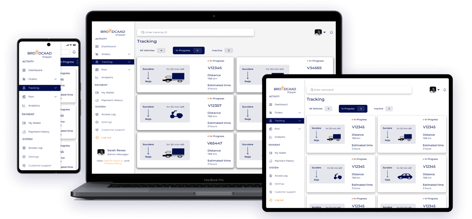 BroadCaad Shipper tracking dashboard across desktop and mobile